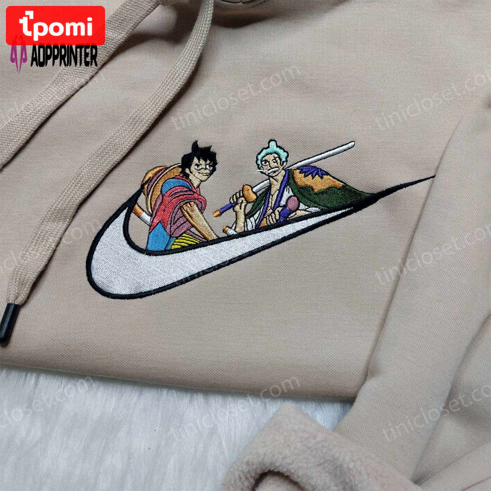 Luffy zoro nike embroidered shirt one piece hoodie & custom swoosh sweatshirt – stylish & unique Embroidered Shirt