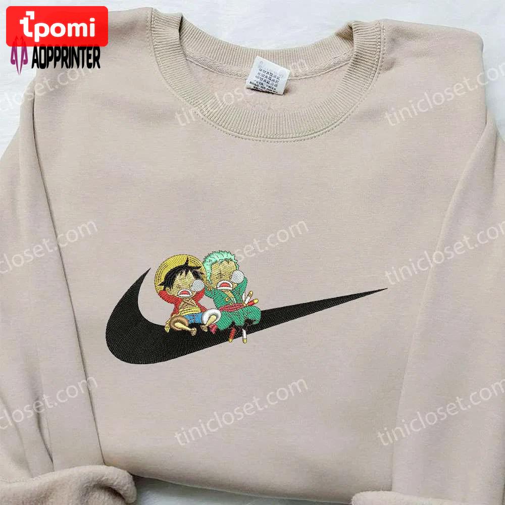 Luffy & zoro x nike embroidered hoodie – one piece & nike inspired shirt Embroidered Shirt