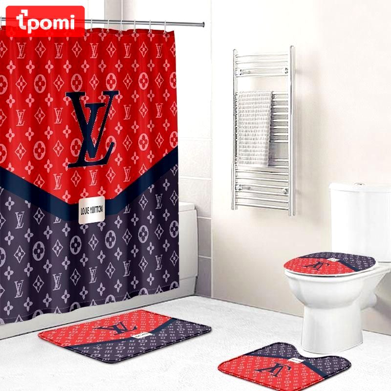 Lv supreme red and blue shower curtain waterproof luxury bathroom hot 2023 17 Bathroom Accessory Sets