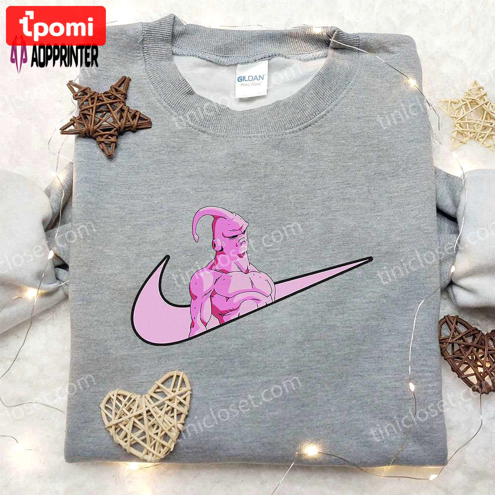 Majin buu x nike swoosh anime hoodie & dragon ball embroidered shirt nike inspired apparel Embroidered Shirt
