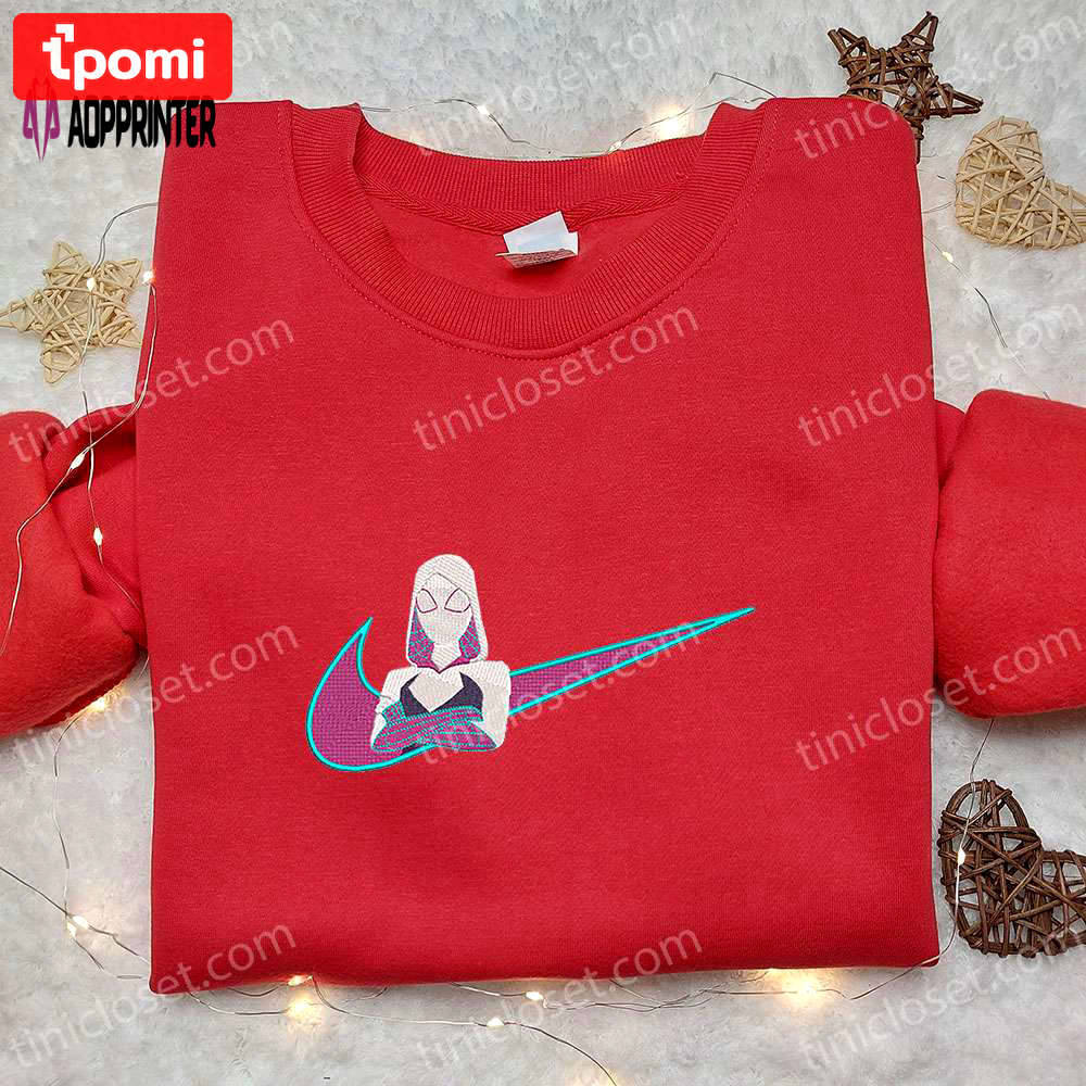 Marvel gwen stacy x nike swoosh cartoon embroidered tshirt – unique comic shirt with nike inspiration Embroidered Shirt