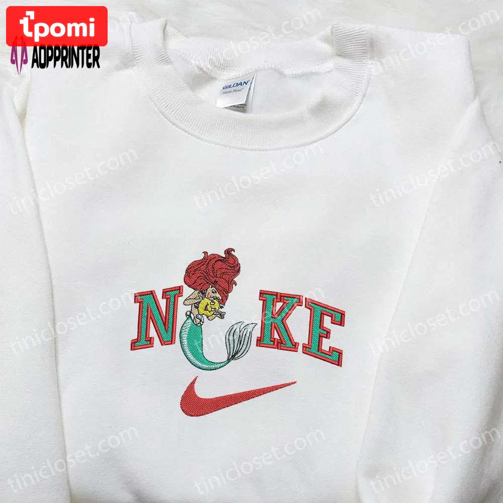 Mermaid ariel x nike cartoon embroidered hoodie & disney characters shirt – nike inspired embroidery Embroidered Shirt