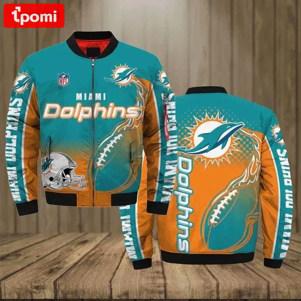 Miami dolphins pattern bomber jacket – orange and teal color Bomber Jacket