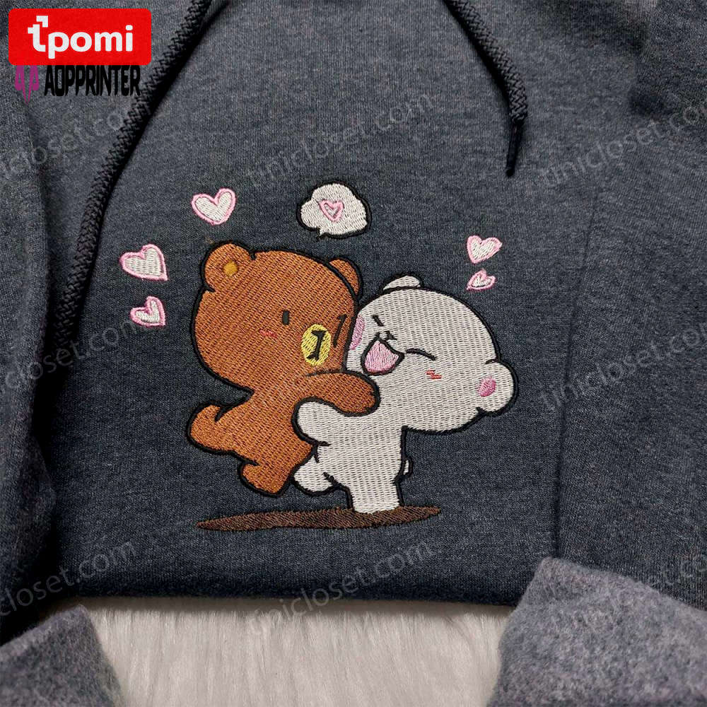 Milk & mocha couple embroidered shirt: adorable cartoon bear design perfect for couples – shop now! Embroidered Shirt