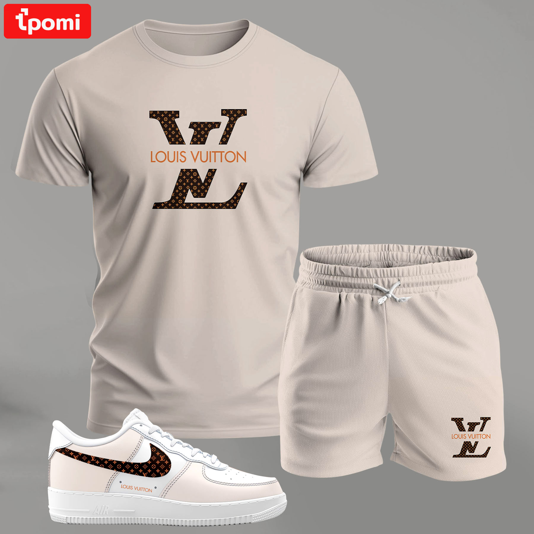 Minimal beige monogram set for men, clean luxury logo t-shirt and shorts combo with matching sneakers T-Shirt Short Sneakers Set