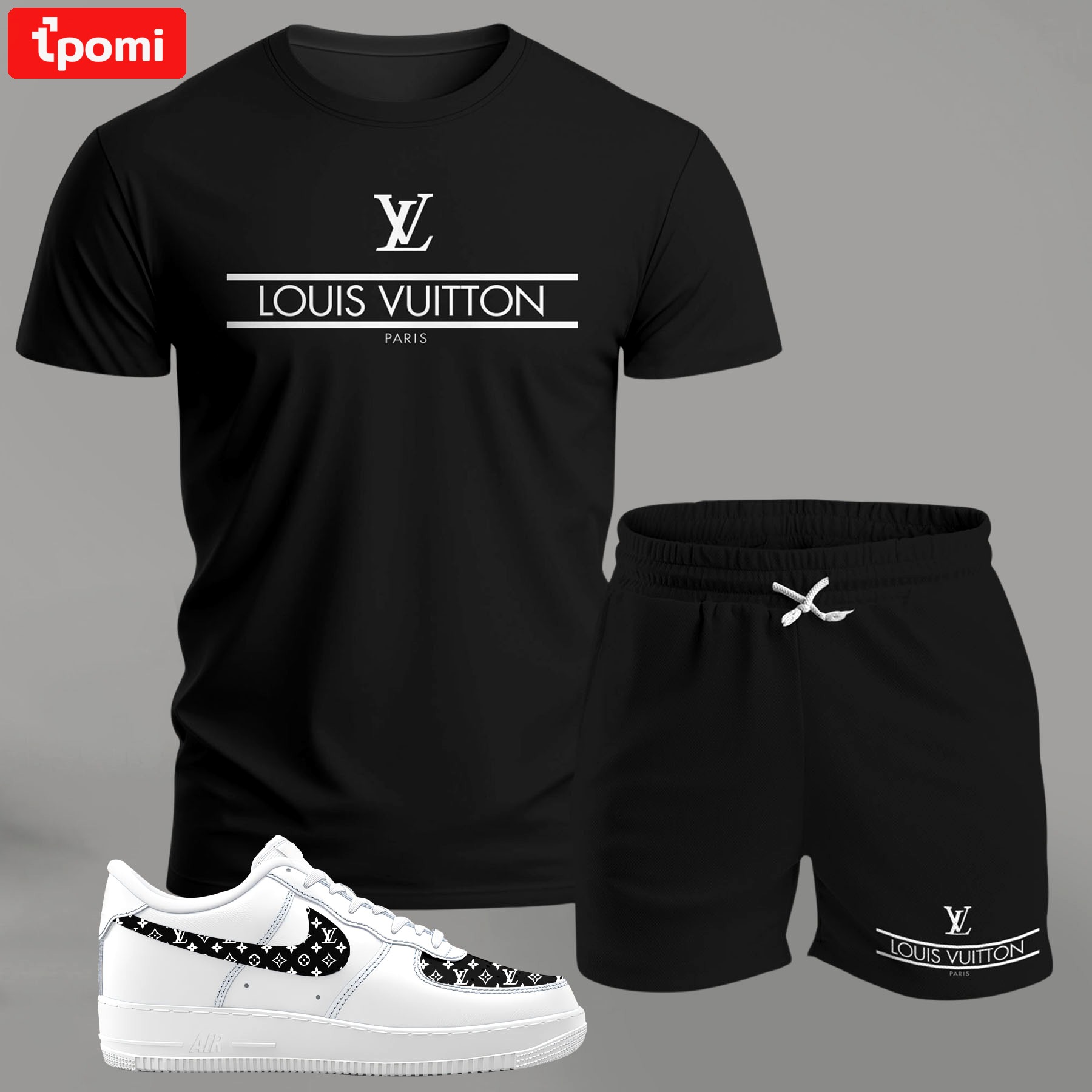 Minimal black logo set for men, clean typography t-shirt and shorts combo with monochrome sneakers T-Shirt Short Sneakers Set