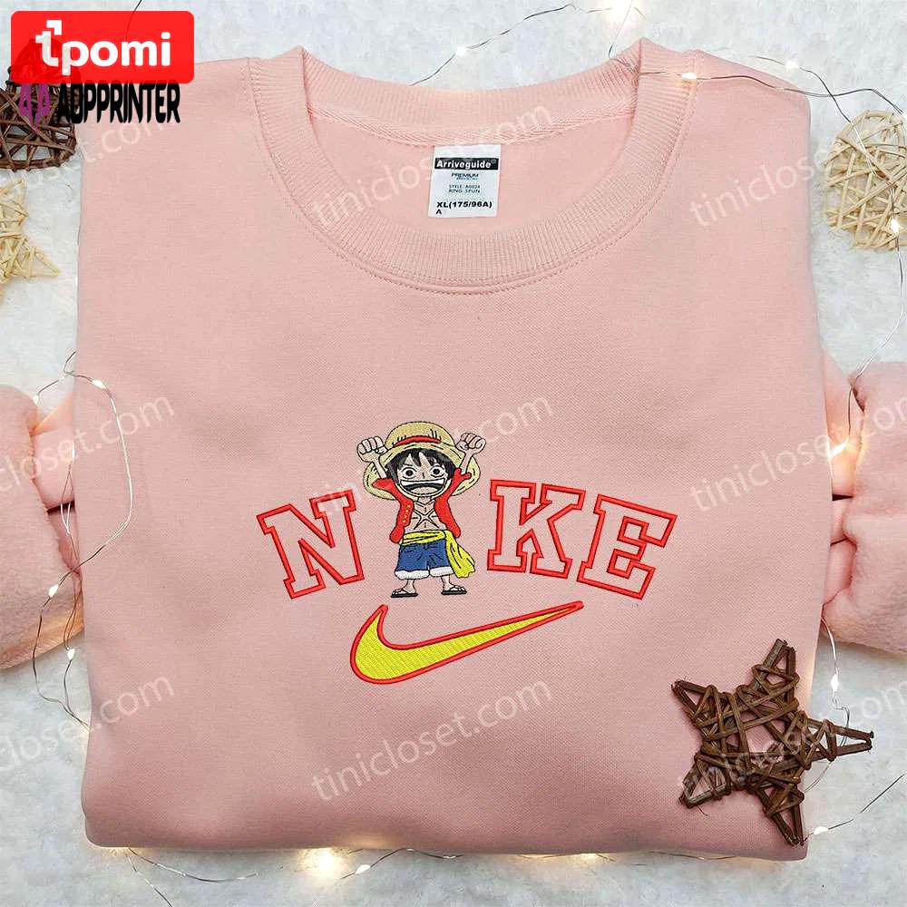 Monkey d luffy x nike embroidered hoodie & one piece shirt: unique nike inspired apparel Embroidered Shirt