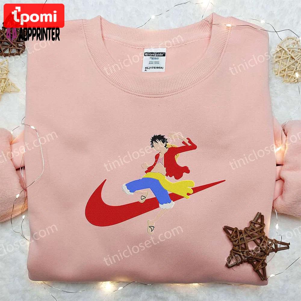 Monkey d luffy x nike swoosh anime embroidered hoodie & shirts – one piece & nike inspired attire Embroidered Shirt