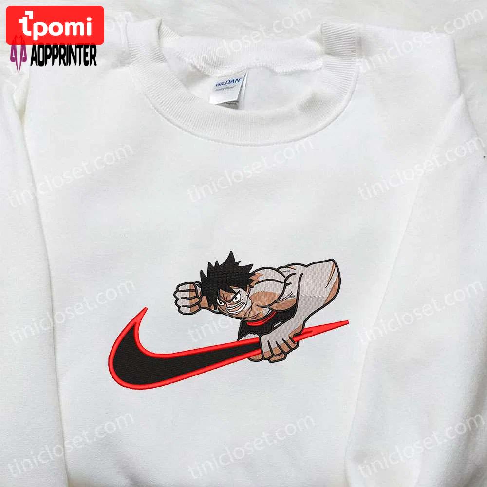 Monkey d luffy x nike swoosh anime embroidered sweatshirt: one piece & nike inspired shirt Embroidered Shirt