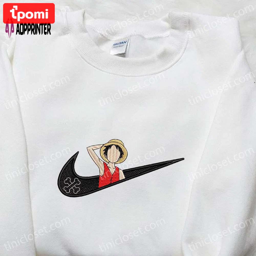Monkey d luffy x nike swoosh embroidered anime tshirt: one piece & nike inspired shirt Embroidered Shirt