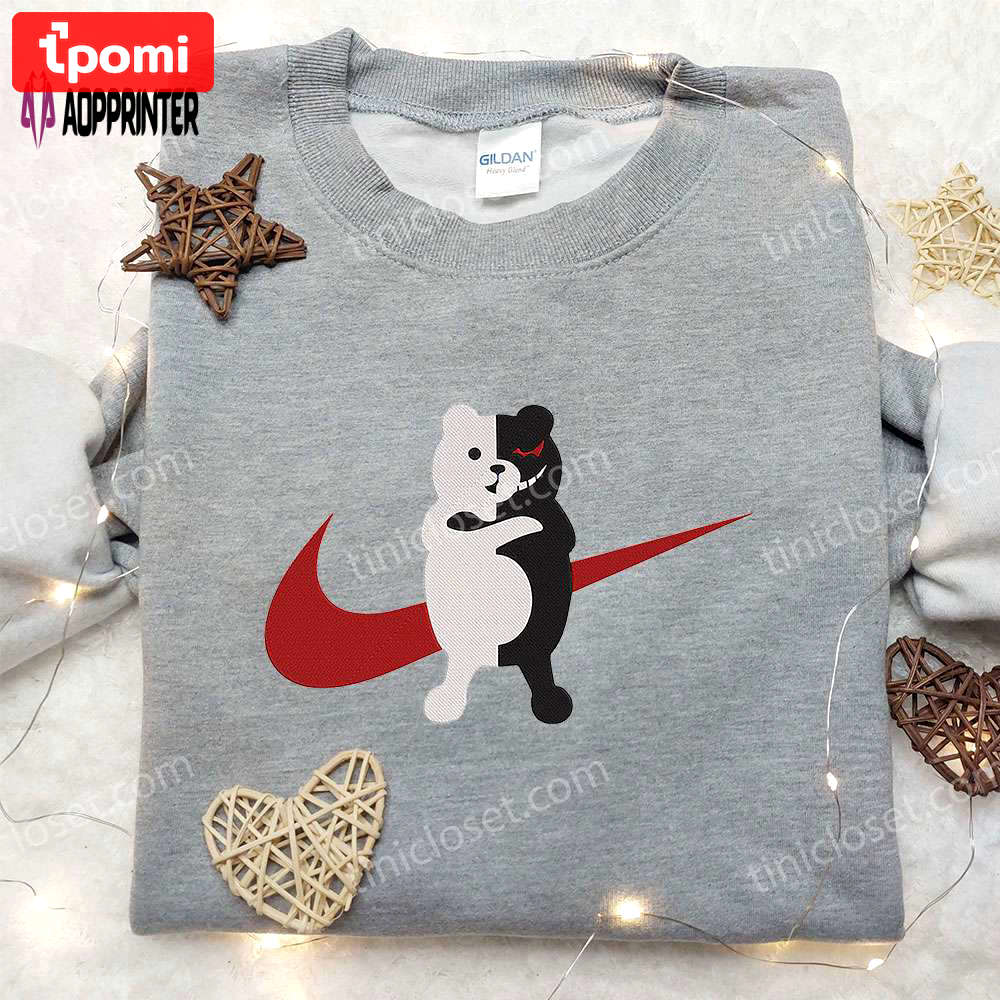 Monokuma x nike swoosh anime hoodie: danganronpa embroidered shirt & nike inspired tee Embroidered Shirt