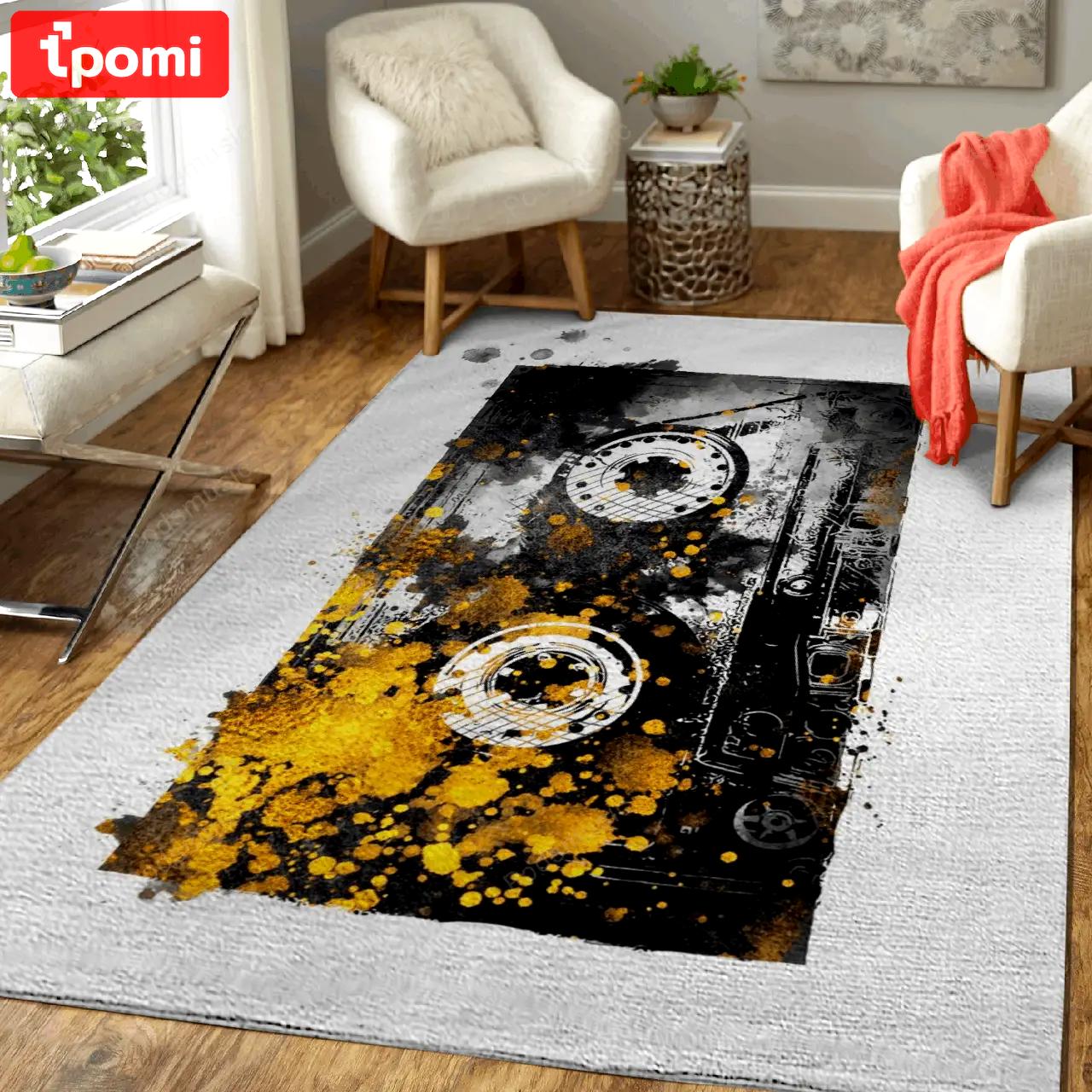 Music tape music gold and black art for fans area rug living room carpet rug regtangle carpet floor decor home decor Rectangle Rug