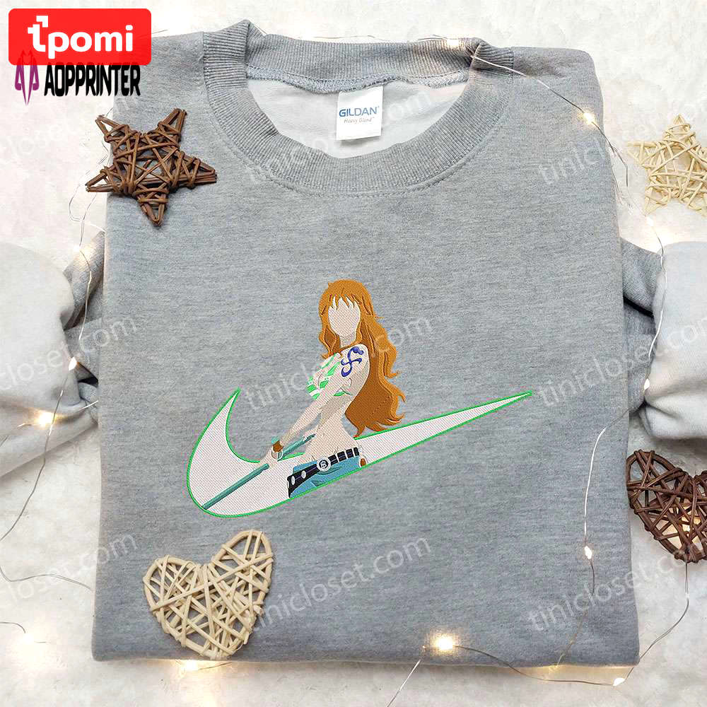 Nami x nike swoosh anime hoodie: one piece & nike inspired embroidered shirt Embroidered Shirt