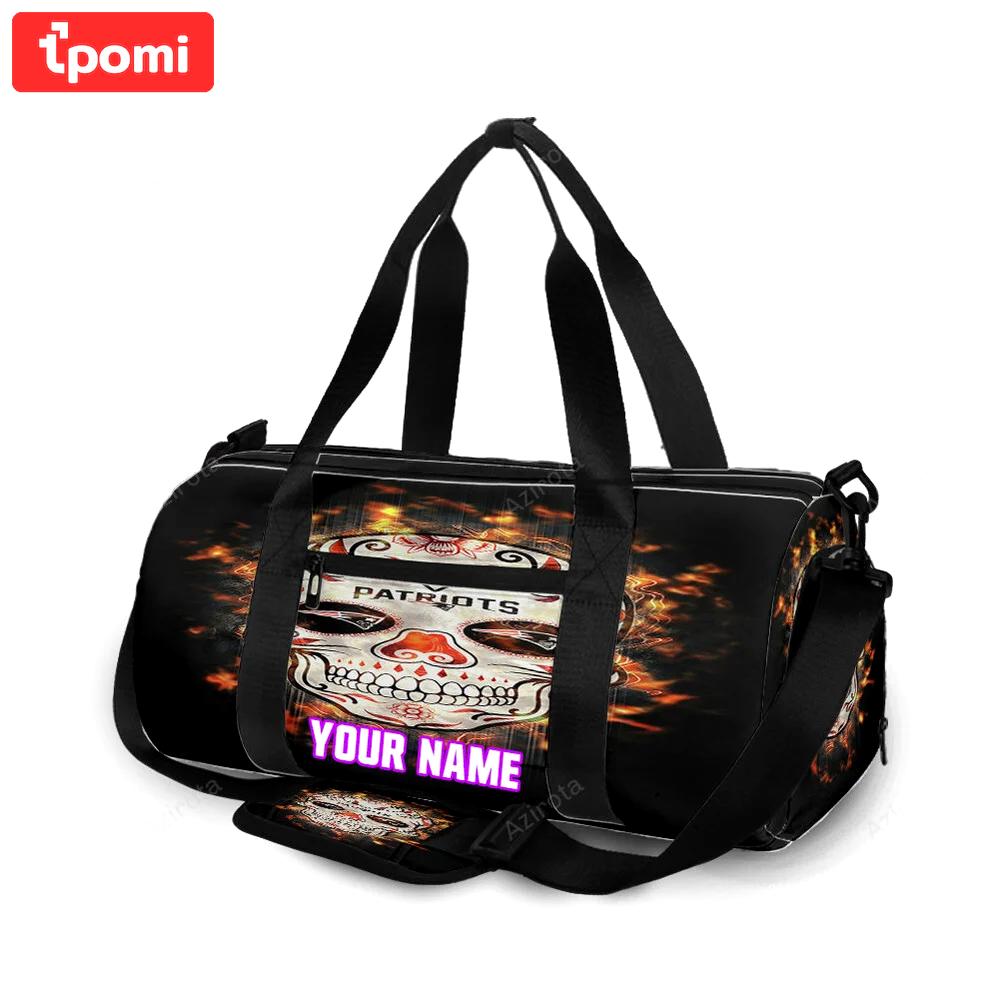 New england patriots skull flowers fire personalized name travel bag gym bag 54 Travel Bag