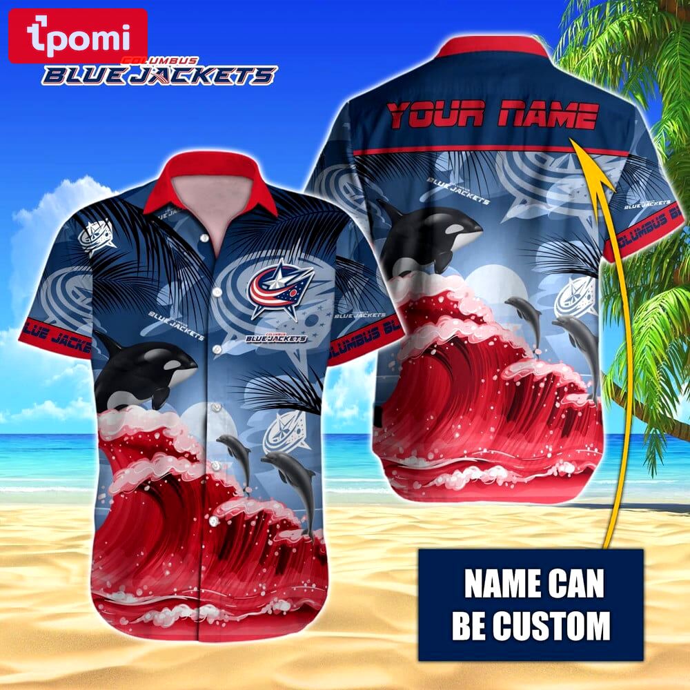 Nhl columbus blue jacketss hawaiian design with orca and waves button shirt Hawaii Shirt Shorts & Flip Flops