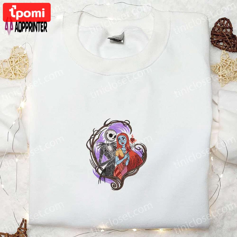 Nightmare before christmas embroidered sweatshirt: jack skellington and sally hoodie – spooky shirt Embroidered Shirt