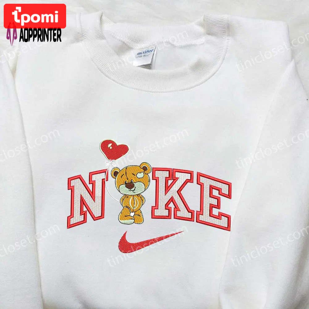 Nike bear balloon heart x swoosh embroidered shirt – cartoon design for a stylish look Embroidered Shirt