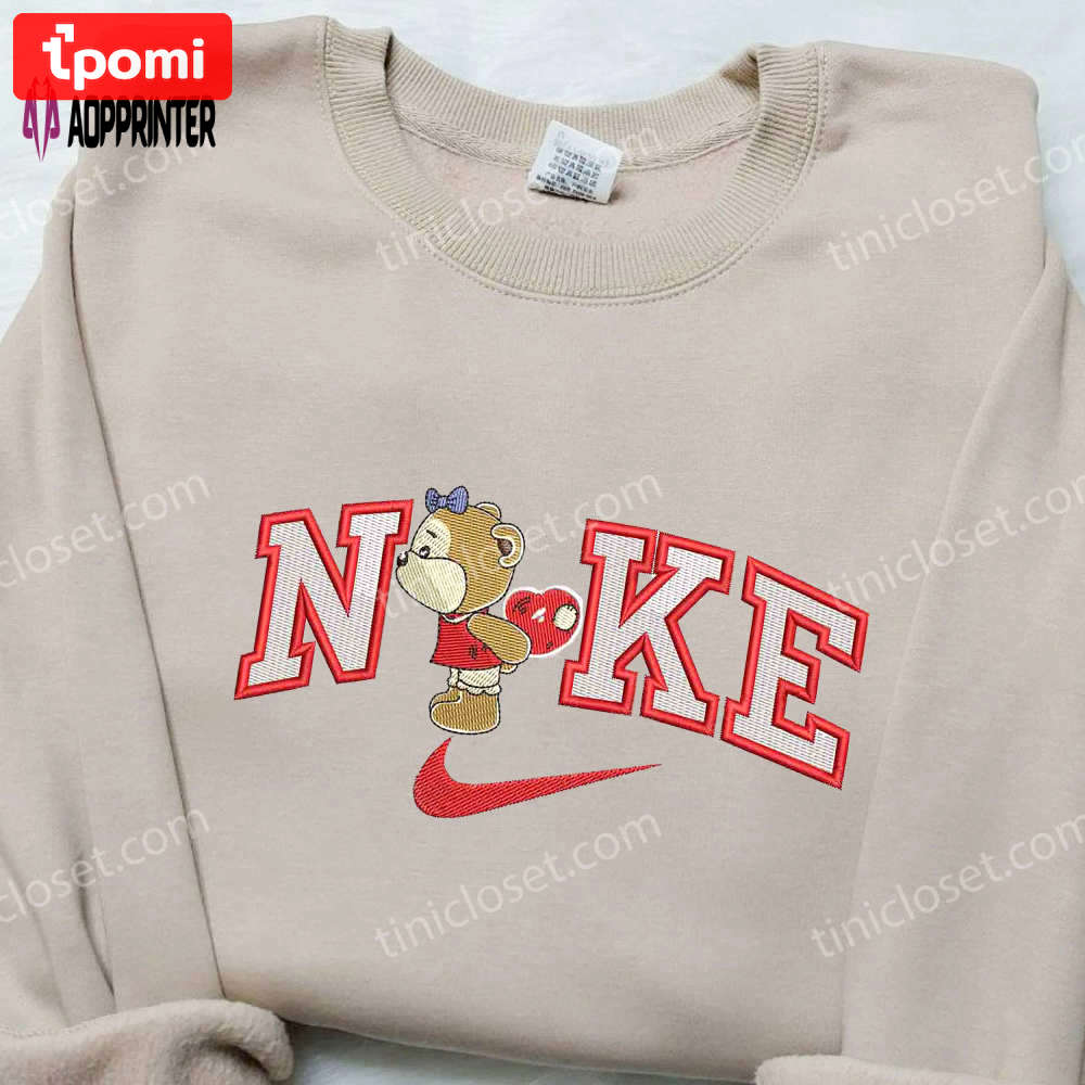 Nike embroidered shirt – bear bring heart x swoosh cartoon design Embroidered Shirt