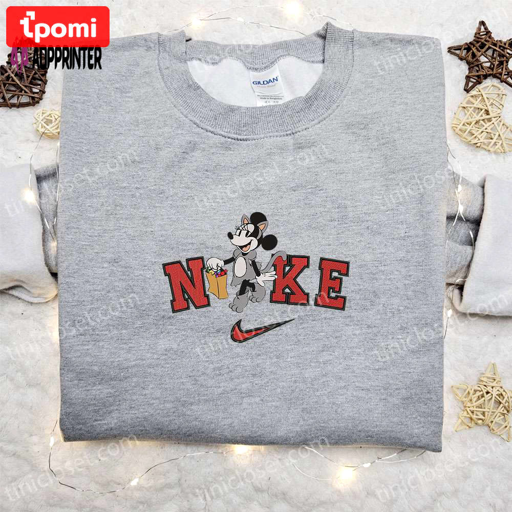 Nike halloween x minnie mouse cat candy bag sweatshirt: disney characters embroidered shirt for best halloween gift ideas Embroidered Shirt