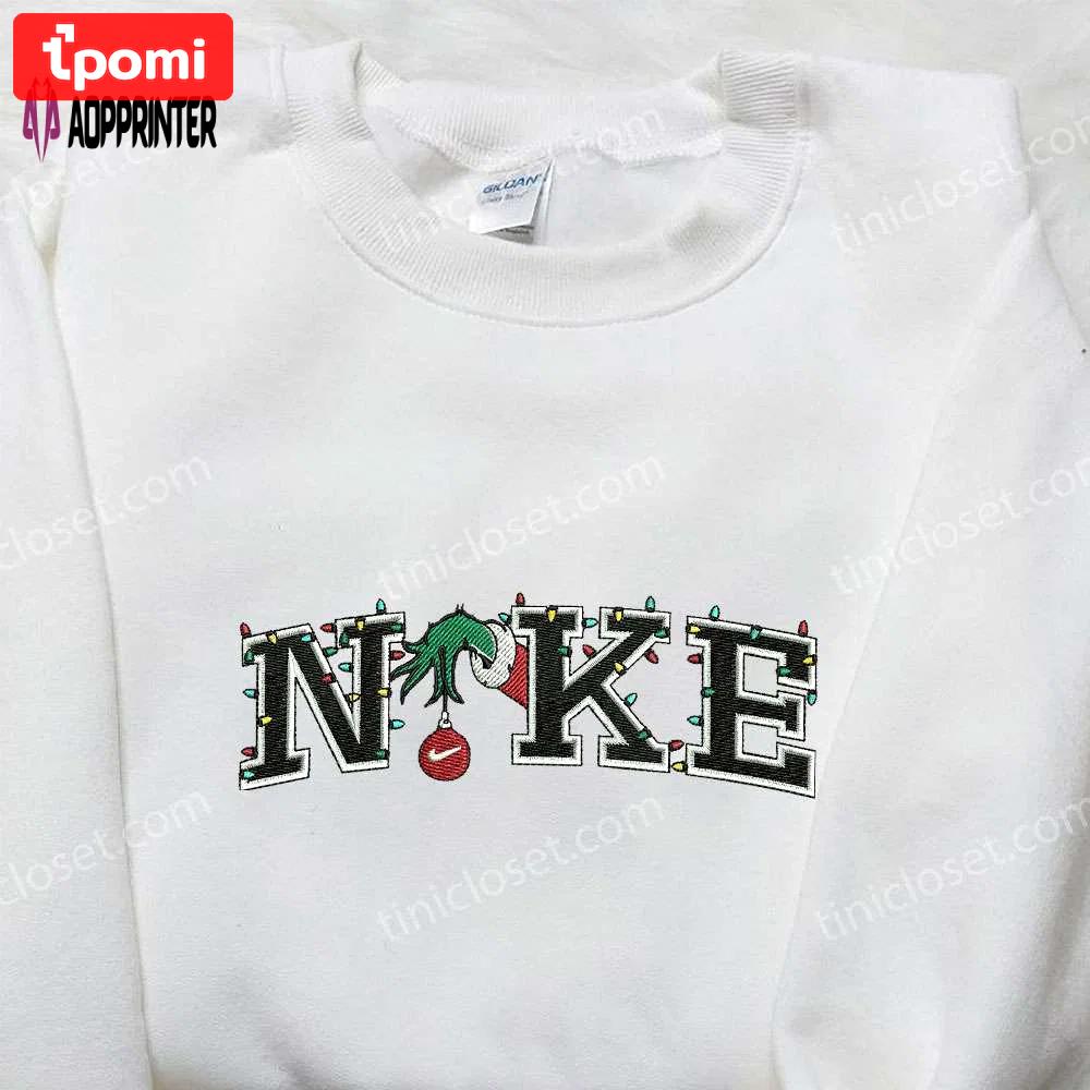 Nike x christmas grinch hand embroidered shirt – custom holiday gift for family Embroidered Shirt