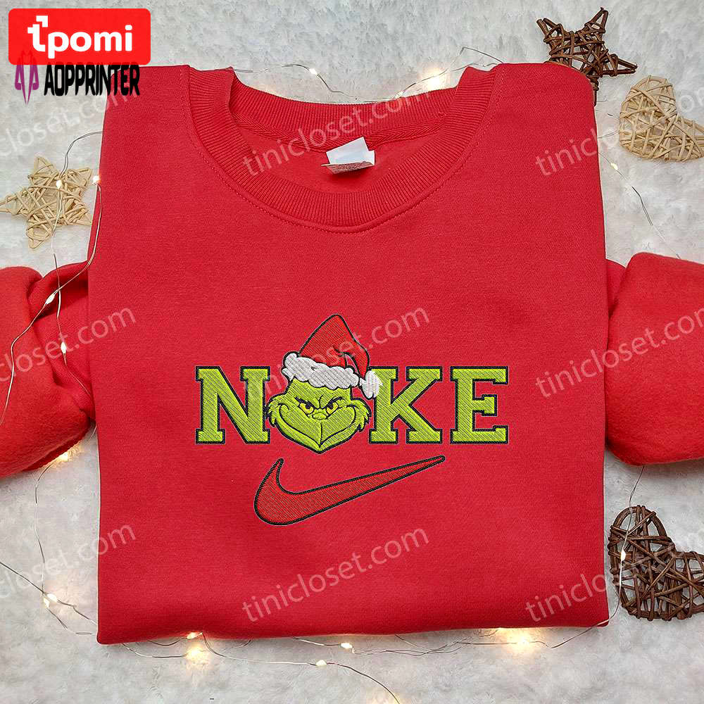 Nike x grinch christmas hat shirt: festive embroidery & best gift for holidays! Embroidered Shirt
