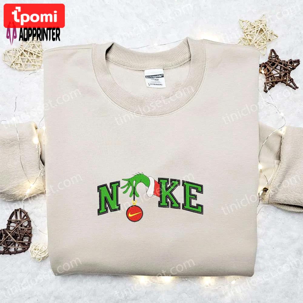 Nike x grinch hand embroidered sweatshirt disney embroidered shirt nike inspired t-shirt Embroidered Shirt
