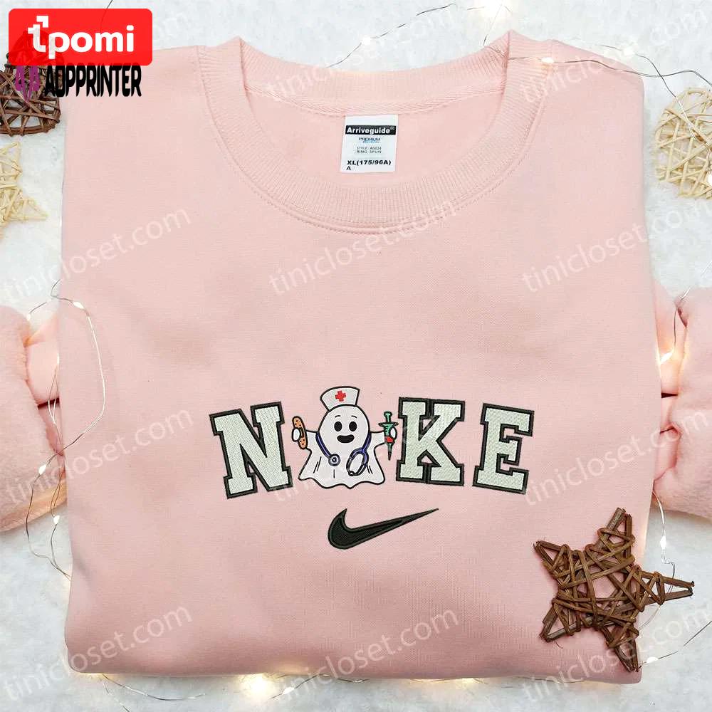 Nike x nurse ghost embroidered shirt: cute halloween gift for halloween lovers Embroidered Shirt