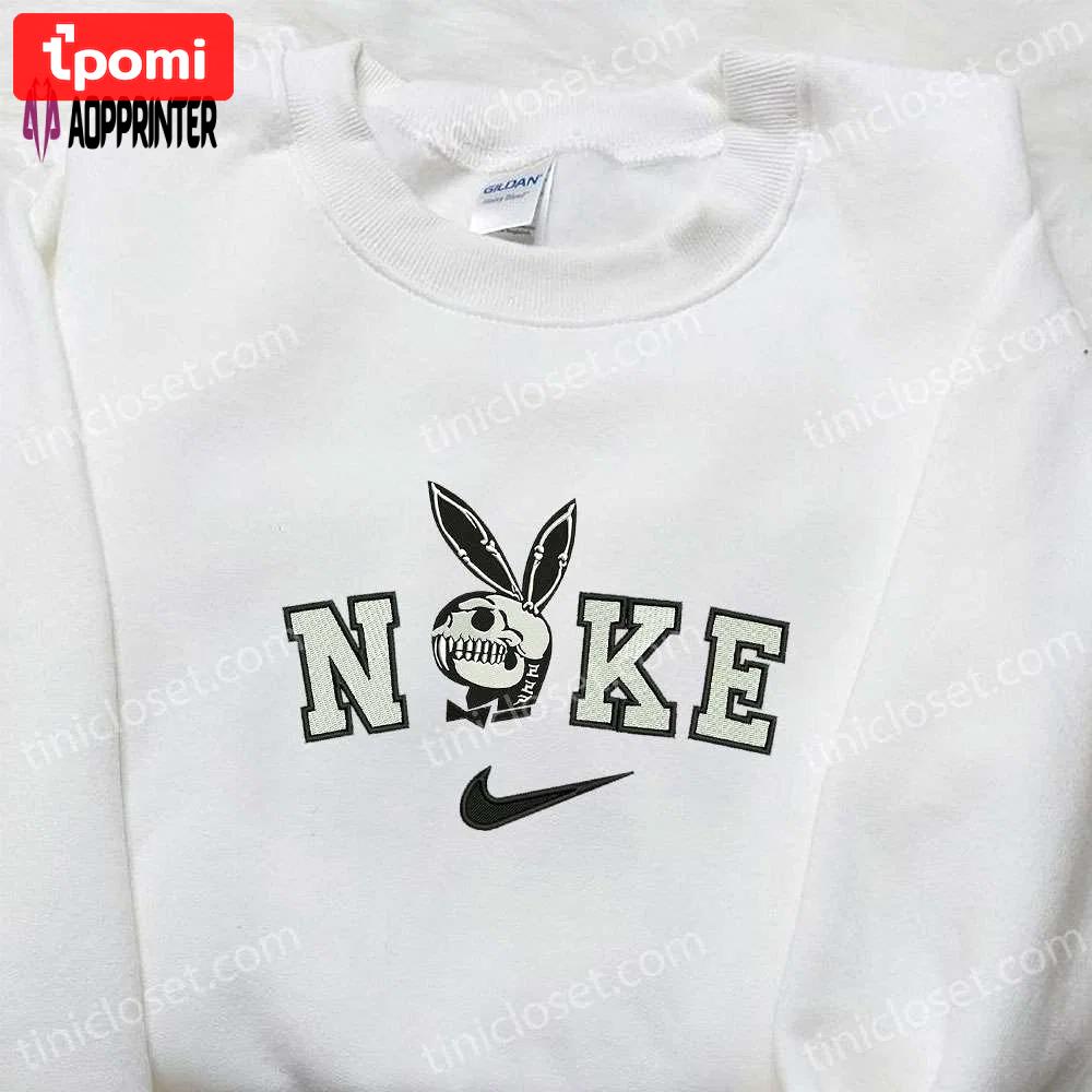 Nike x playboy bunny skeleton shirt: funny halloween embroidery & nike-inspired style Embroidered Shirt