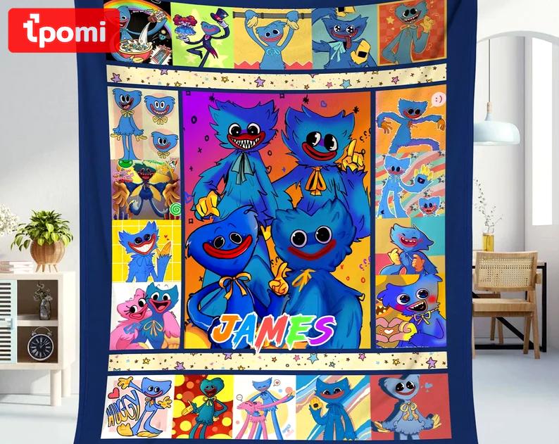 Personalized huggy wuggy poppy playtime fleece blanket, huggy wuggy throw blanket for couch sofa, kissy missy blanket Quilt Blanket