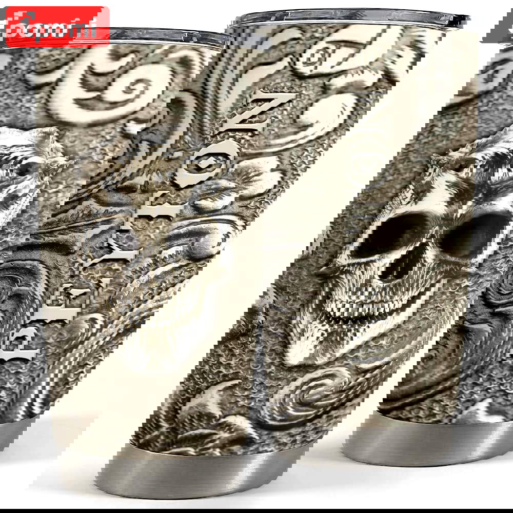 Personalized skull tumbler viking bronze drawing for coffeeholic Personalized Tumbler