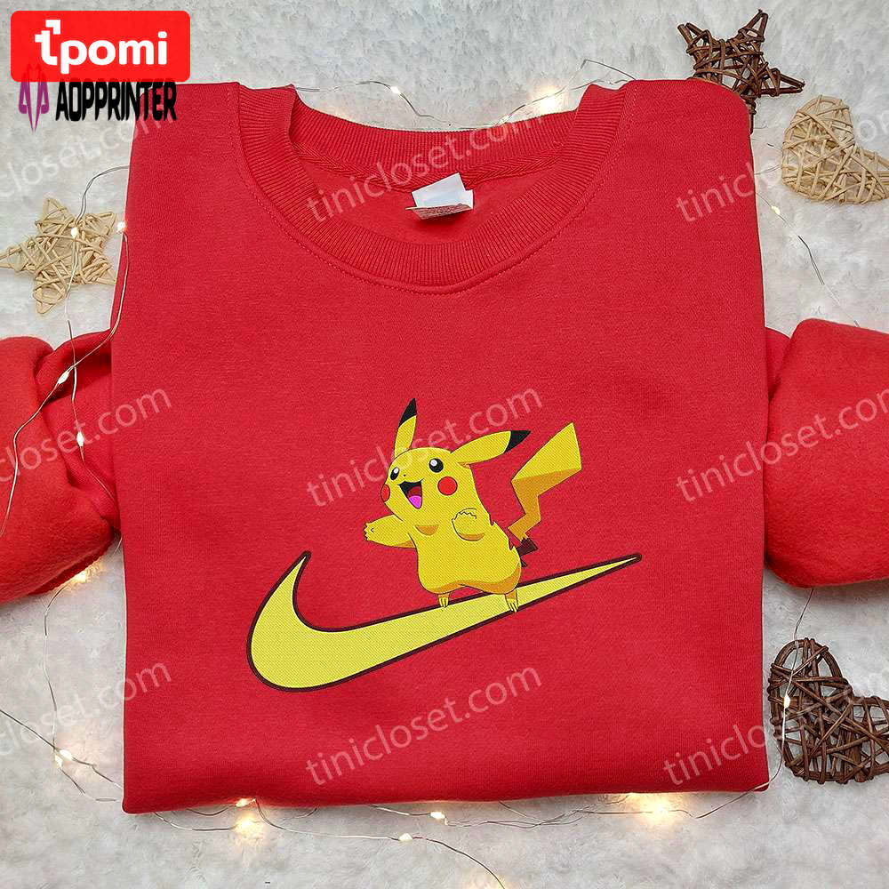 Pikachu x nike swoosh anime hoodie & embroidered shirts – pokemon & nike inspired apparel Embroidered Shirt