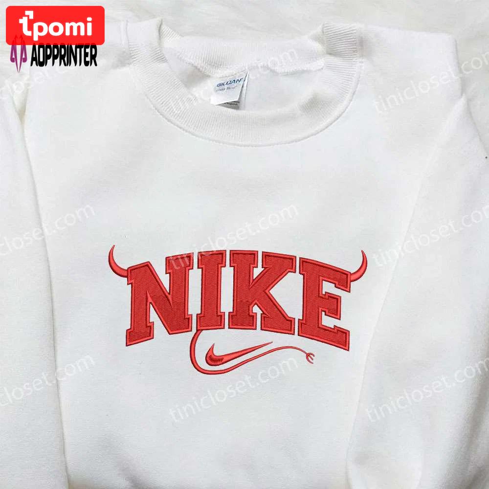 Red devil x nike embroidered shirt: spooky halloween custom design Embroidered Shirt