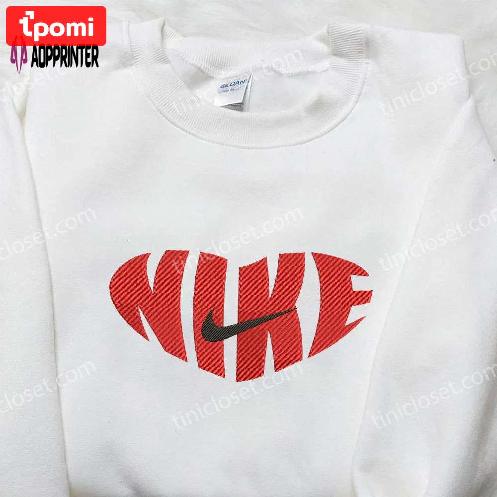 Red heart love x nike swoosh embroidered shirt – nike inspired logo shirt perfect valentine’s day gift Embroidered Shirt