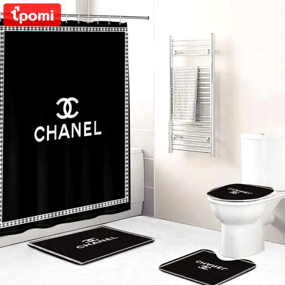 Rugs in living room and bedroom - Chanel black white bathroom set hot 2023 luxury shower curtain bath rug mat home decor 320 Bathroom Accessory Sets