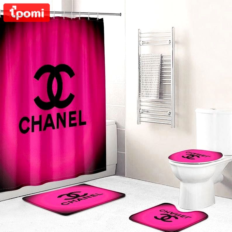 Rugs in living room and bedroom - Chanel pink bathroom set hot 2023 luxury shower curtain bath rug mat home decor 244 Bathroom Accessory Sets