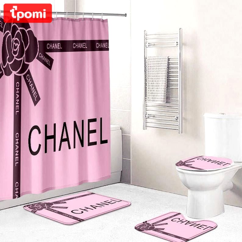 Rugs in living room and bedroom - Chanel pink bathroom set hot 2023 luxury shower curtain bath rug mat home decor 246 Bathroom Accessory Sets