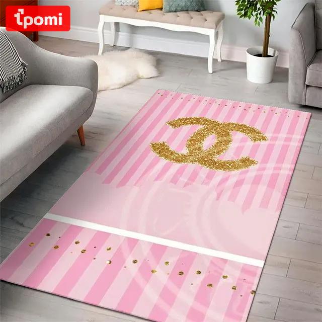 Rugs in living room and bedroom - Chanel pinky golden logo luxury fashion luxury brand premium rug carpet for living room home decoration Rectangle Rug