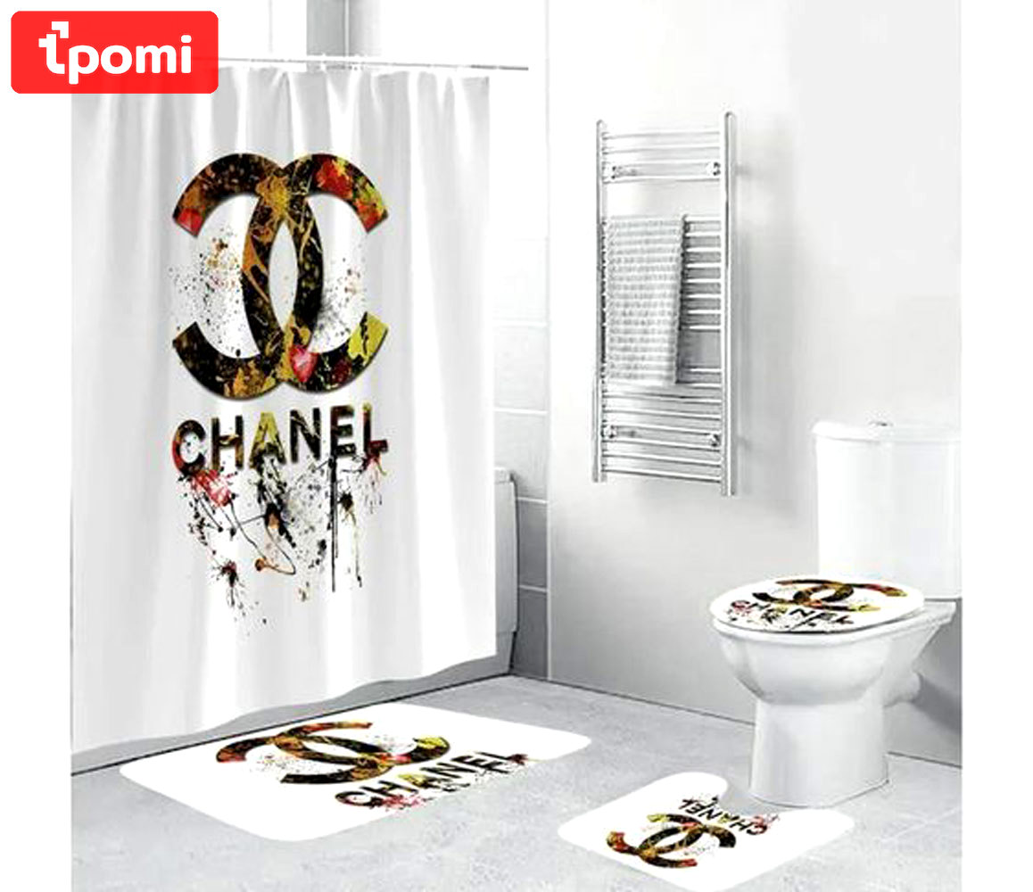 Rugs in living room and bedroom - Chanel white colorful bathroom set hot 2023 luxury shower curtain bath rug mat home decor 256 Bathroom Accessory Sets