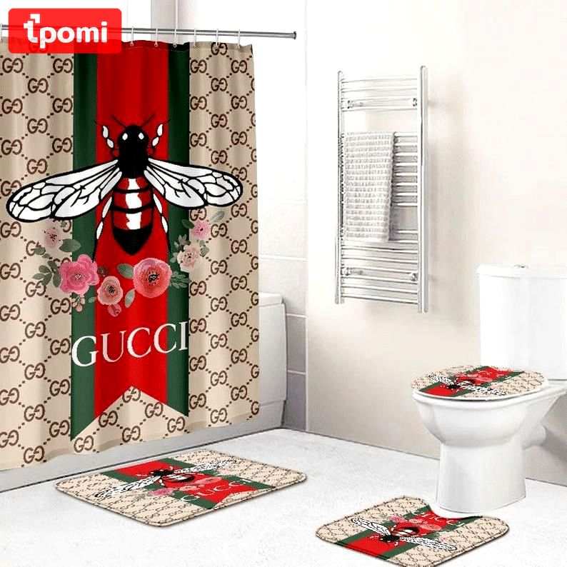 Rugs in living room and bedroom - Gucci bee flower bathroom set hot 2023 luxury shower curtain bath rug mat home decor 196 Bathroom Accessory Sets