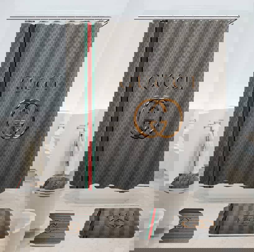 Rugs in living room and bedroom - Gucci grey bathroom set hot 2023 luxury shower curtain bath rug mat home decor 156 Bathroom Accessory Sets