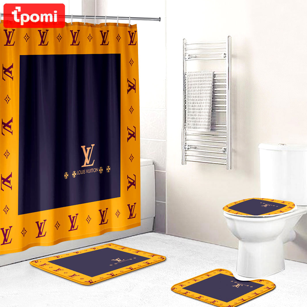 Rugs in living room and bedroom - Louis vuitton lv blue orange bathroom set hot 2023 luxury shower curtain bath rug mat home decor 131 Bathroom Accessory Sets