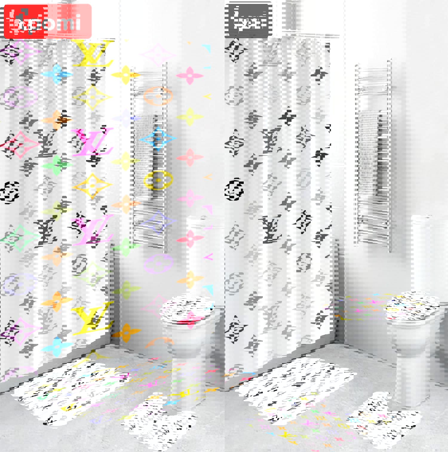 Rugs in living room and bedroom - Louis vuitton lv white bathroom set hot 2023 luxury shower curtain bath rug mat home decor 110 Bathroom Accessory Sets