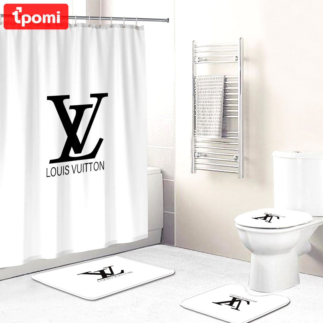 Rugs in living room and bedroom - Louis vuitton lv white bathroom set hot 2023 luxury shower curtain bath rug mat home decor 132 Bathroom Accessory Sets