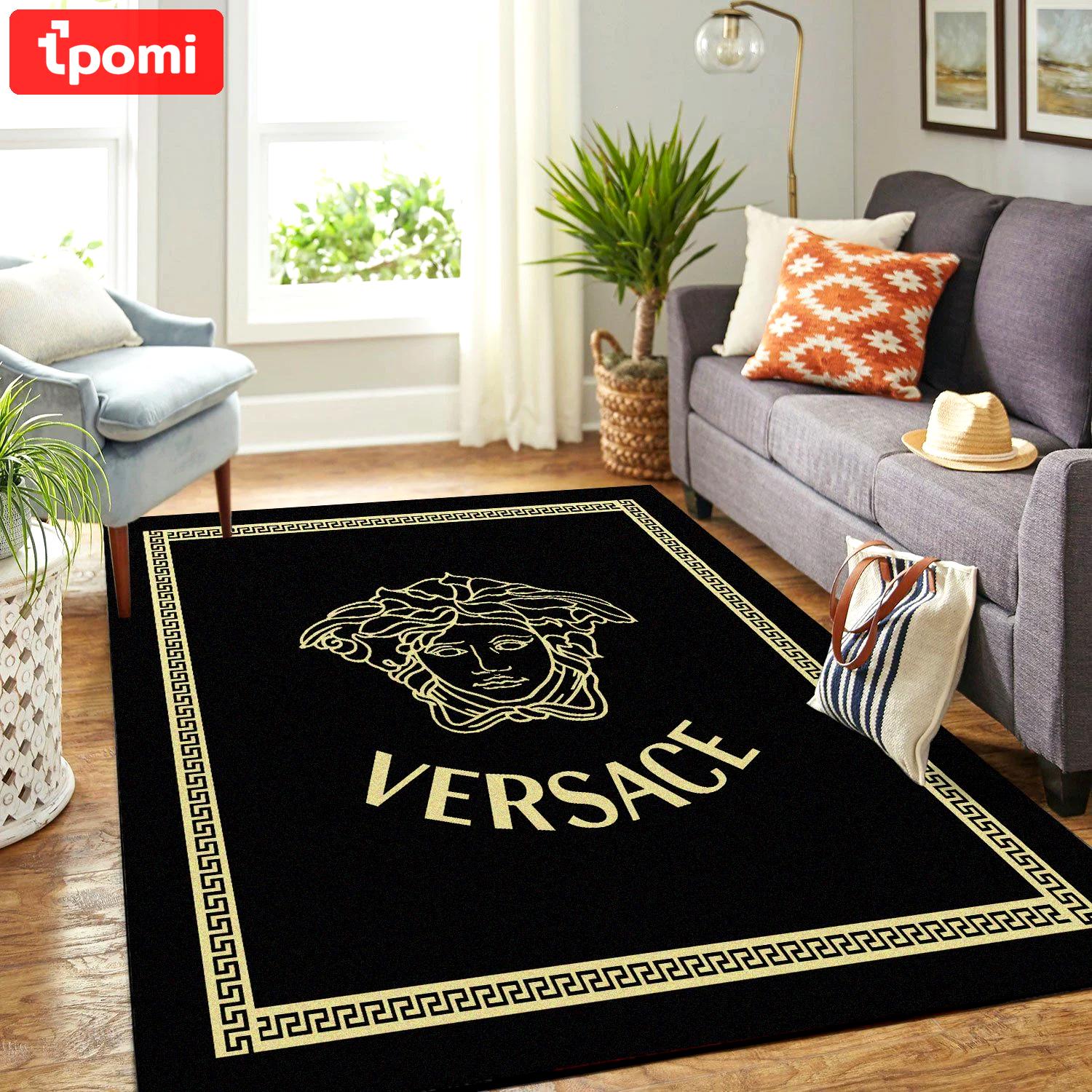 Rugs in living room and bedroom versace black luxury brand premium logo area rug carpet home decor Rectangle Rug