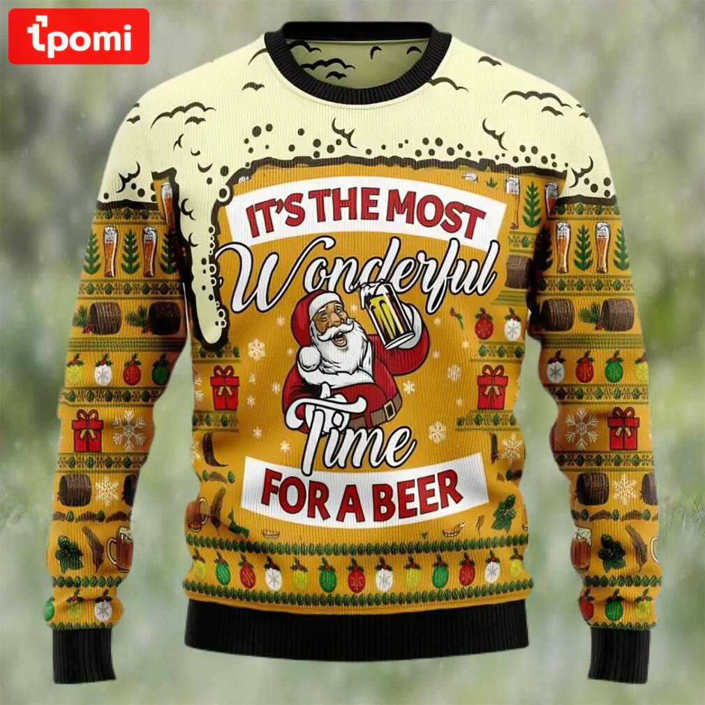 Santa claus wonderful time for a beer ugly christmas sweater, faux wool sweater, international beer day, gifts for beer lovers, best christmas gifts for 2022 Christmas Ugly Sweater