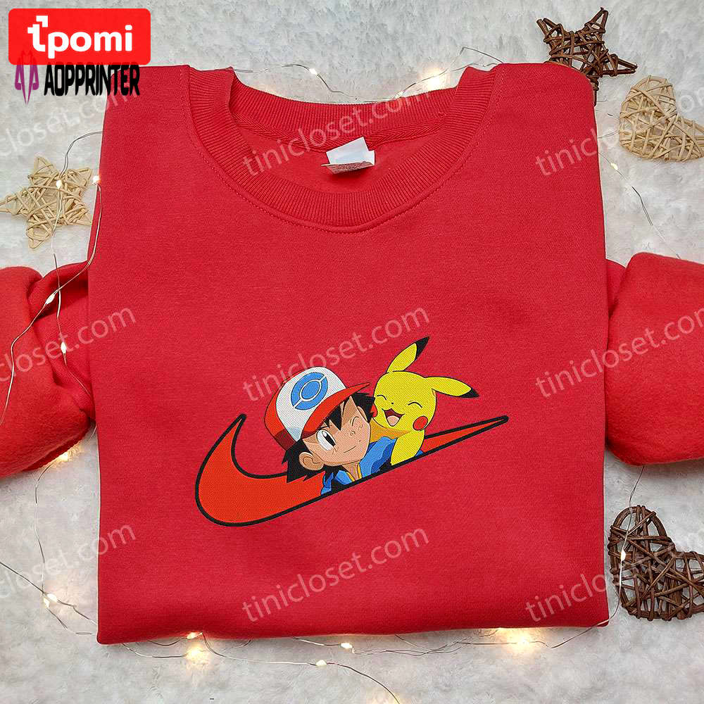 Satoshi & pikachu x nike anime hoodie & shirts: embroidered pokemon & nike inspired apparel Embroidered Shirt