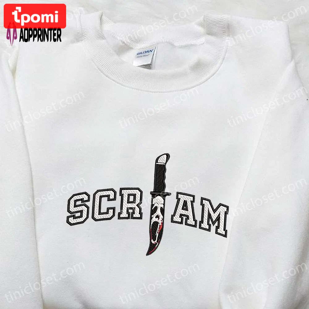Scream ghost face in knife embroidered shirt horror characters best halloween gifts Embroidered Shirt