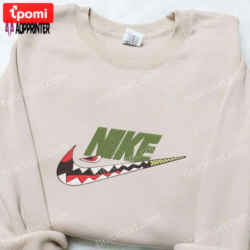 Shark bathing ape x swoosh embroidered hoodie – nike inspired custom sweatshirt Embroidered Shirt