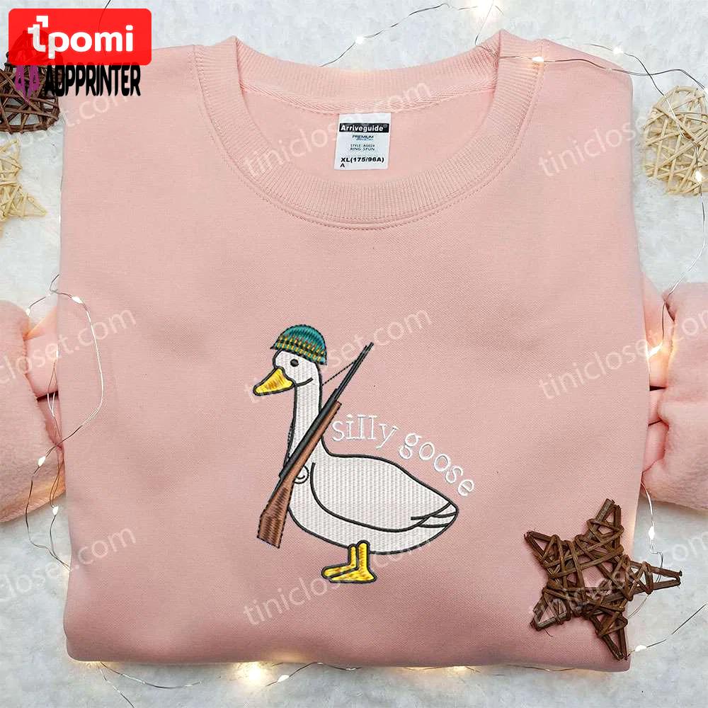 Silly goose with gun embroidered shirt funny animal tee Embroidered Shirt