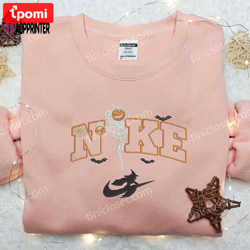 Skeleton pumpkin witch x nike embroidered sweatshirt: best halloween gift nike inspired shirt Embroidered Shirt